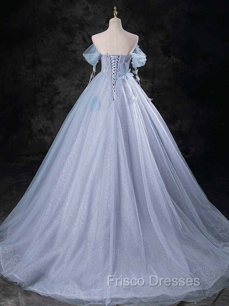 Blue A-Line Off Shoulder Tulle Long Formal Prom Dress, Blue Formal Dress