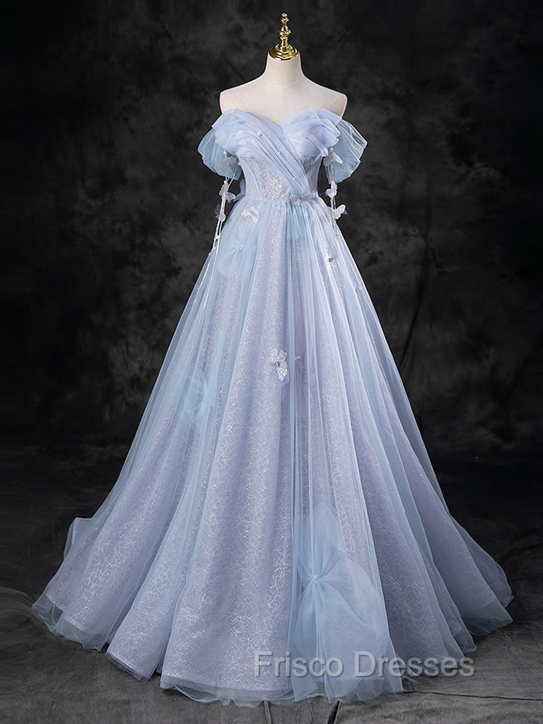 Blue A-Line Off Shoulder Tulle Long Formal Prom Dress, Blue Formal Dress