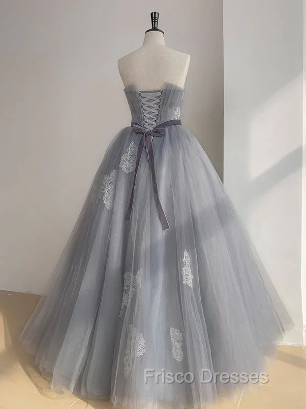 A Line Strapless Appliques Gray Tulle Long Formal Prom Dress Evening Dress Secondary image