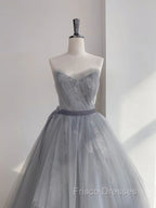 A Line Strapless Appliques Gray Tulle Long Formal Prom Dress Evening Dress
