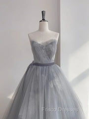 A Line Strapless Appliques Gray Tulle Long Formal Prom Dress Evening Dress