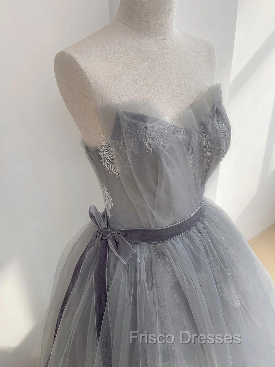 A Line Strapless Appliques Gray Tulle Long Formal Prom Dress Evening Dress