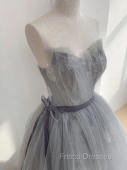 A Line Strapless Appliques Gray Tulle Long Formal Prom Dress Evening Dress
