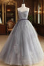 A Line Strapless Appliques Gray Tulle Long Formal Prom Dress Evening Dress