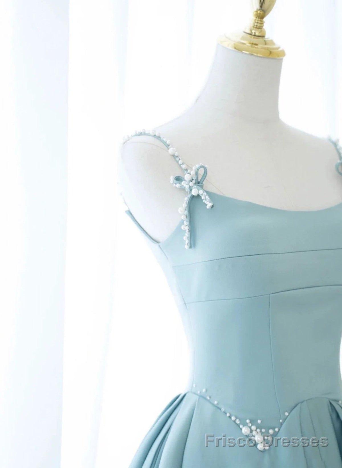 Blue A-Line Satin Beaded Long Prom Dress, Blue Evening Dress Formal Dress