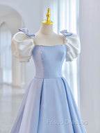 Blue A-Line Satin Long Formal Prom Dress, Blue Satin Formal Evening Dress