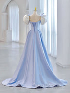 Blue A-Line Satin Long Formal Prom Dress, Blue Satin Formal Evening Dress