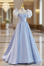 Blue A-Line Satin Long Formal Prom Dress, Blue Satin Formal Evening Dress