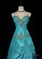 Blue A-Line Spaghetti Straps Satin Beaded Long Formal Prom Dress Sweetheart Neck Applique Graduation Formal Prom Dress
