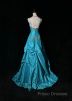 Blue A-Line Spaghetti Straps Satin Beaded Long Formal Prom Dress Sweetheart Neck Applique Graduation Formal Prom Dress