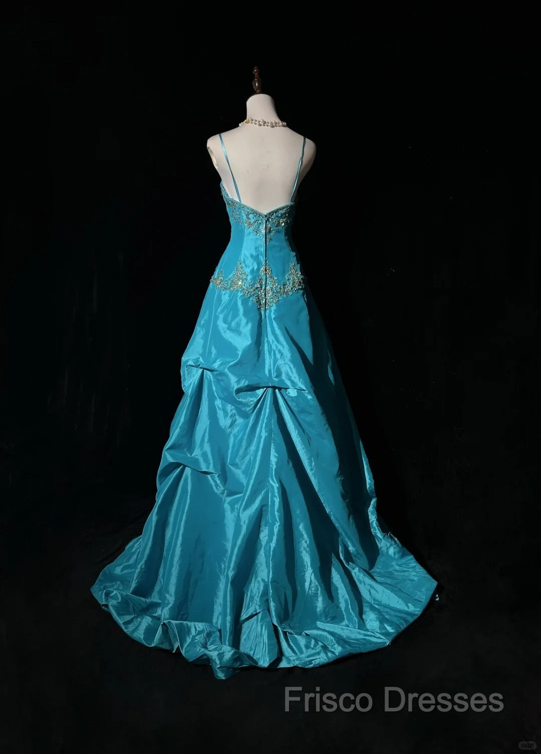 Blue A-Line Spaghetti Straps Satin Beaded Long Formal Prom Dress Sweetheart Neck Applique Graduation Formal Prom Dress