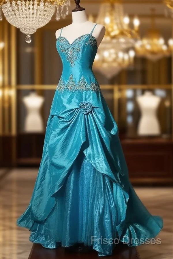 Blue A-Line Spaghetti Straps Satin Beaded Long Formal Prom Dress Sweetheart Neck Applique Graduation Formal Prom Dress