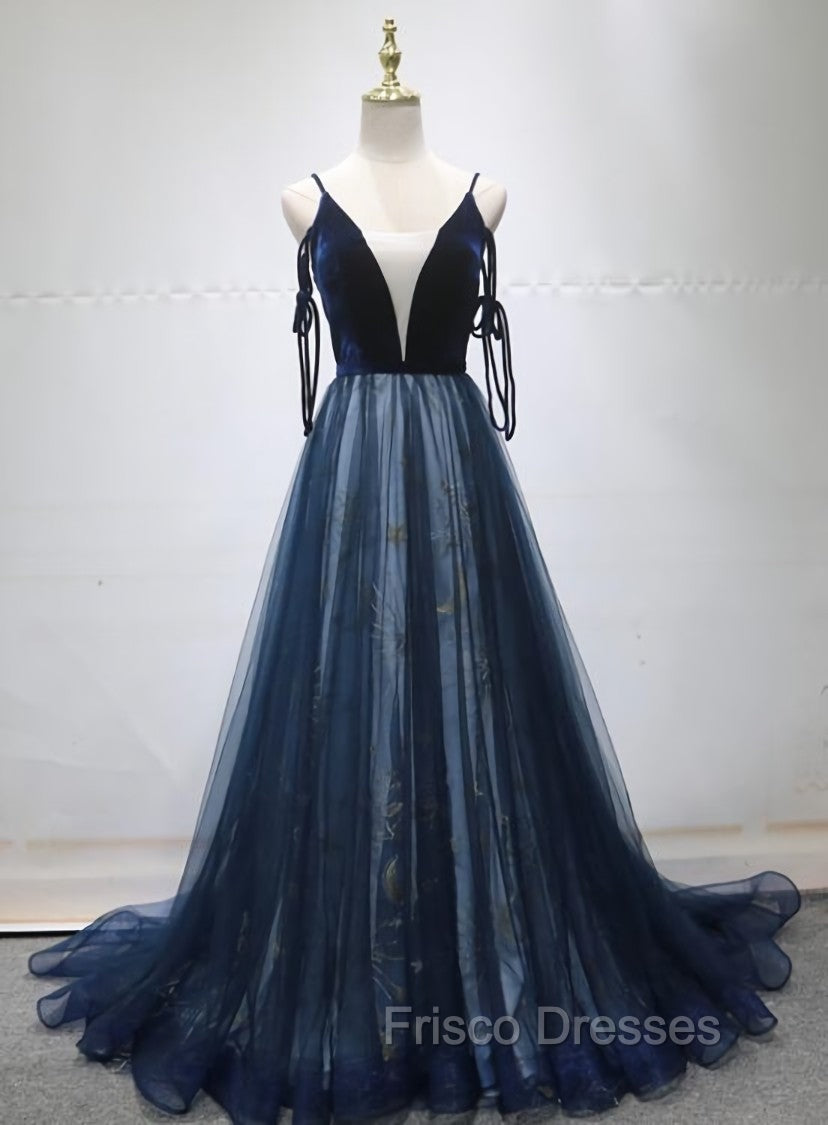 Blue A-line Straps Tulle Long Evening Dress Party Dress, Blue Bridesmaid Dress Main image