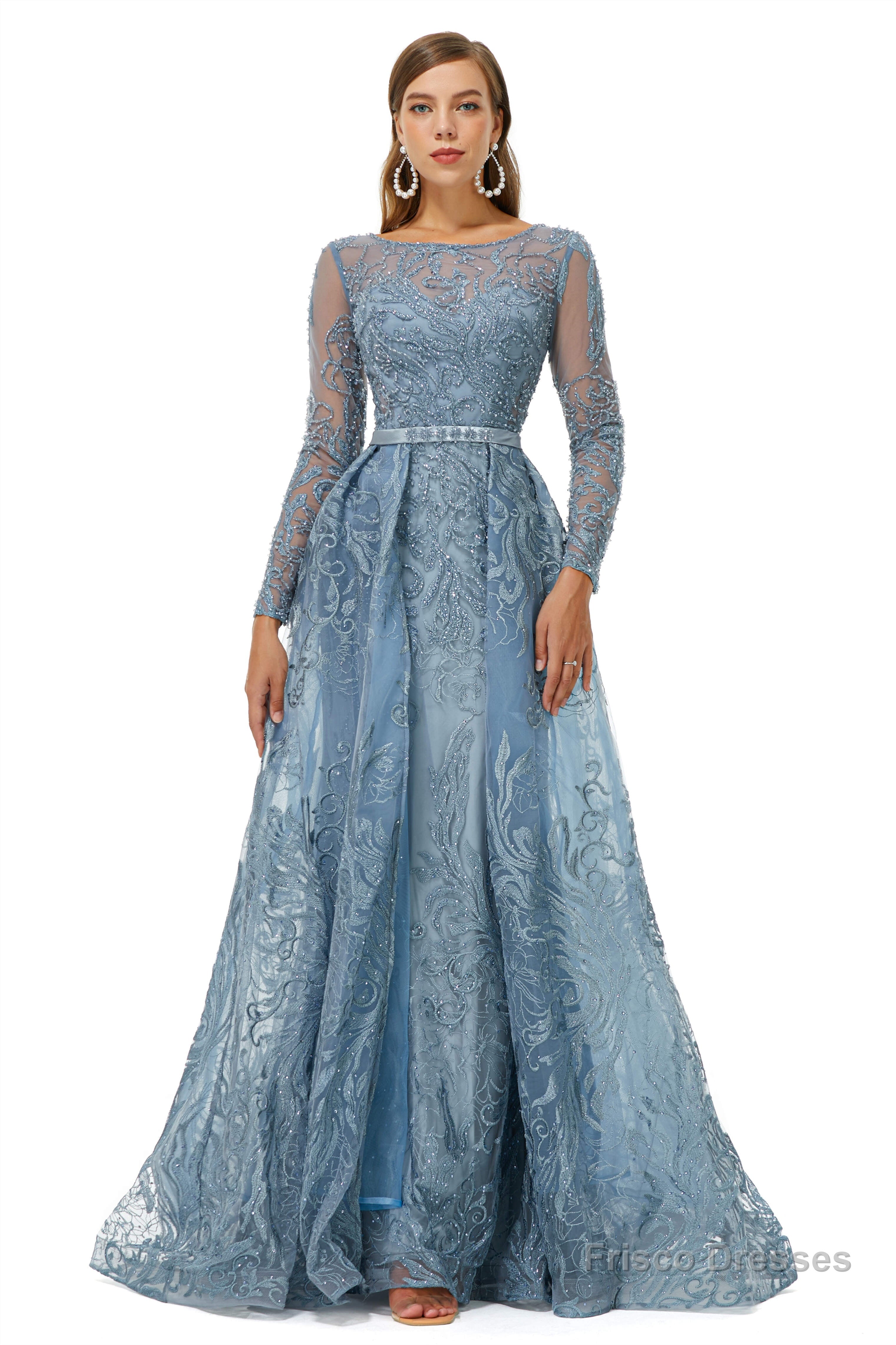 A-Line Tulle Beading Mermaid Long sleeves Prom Dresses with Overskirt