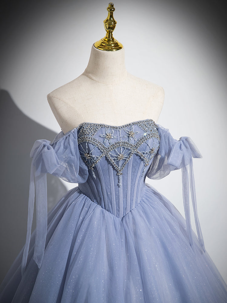 Blue A-Line Tulle Beads Long Prom Dress, Blue Long Formal Dress Secondary image