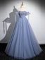 Blue A-Line Tulle Beads Long Prom Dress, Blue Long Formal Dress