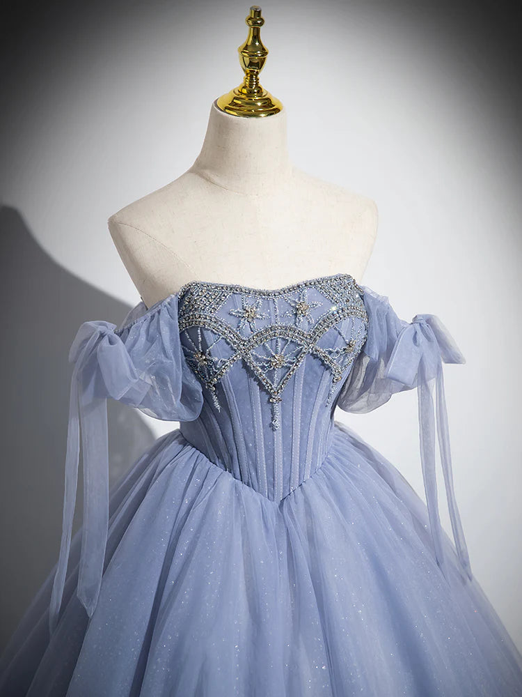 Blue A-Line Tulle Beads Long Prom Dress, Blue Long Formal Dress Secondary image