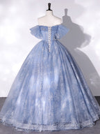 Blue A-Line Tulle Lace Long Formal Prom Dress, Blue Formal Graduation Dress