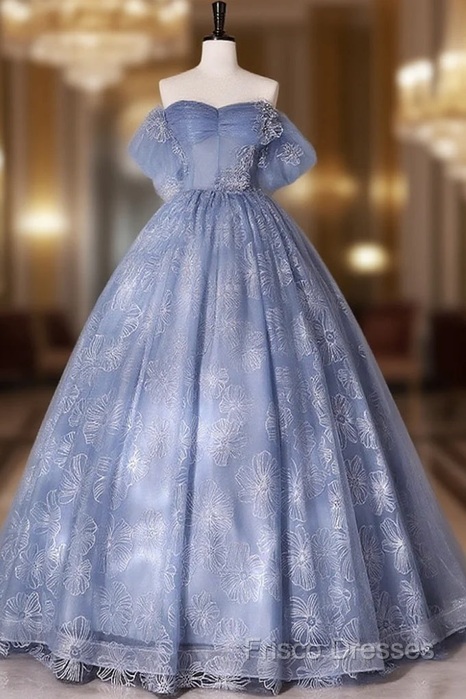 Blue A-Line Tulle Lace Long Formal Prom Dress, Blue Formal Graduation Dress Main image