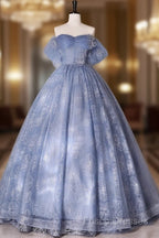 Blue A-Line Tulle Lace Long Formal Prom Dress, Blue Formal Graduation Dress