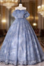 Blue A-Line Tulle Lace Long Formal Prom Dress, Blue Formal Graduation Dress