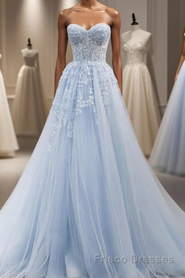 Blue A line tulle lace long Formal Prom Dresses blue lace formal Dresses Main image
