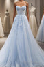 Blue A line tulle lace long Formal Prom Dresses blue lace formal Dresses
