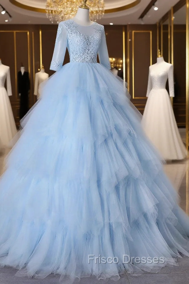 Blue A-Line Tulle Lace Long Formal Prom Dress, Blue Lace Formal Evening Dress Secondary image