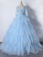 Blue A-Line Tulle Lace Long Formal Prom Dress, Blue Lace Formal Evening Dress