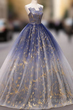 Blue A line Tulle Lace Long Formal Prom Dress, Tulle Formal Blue Graduation Dress