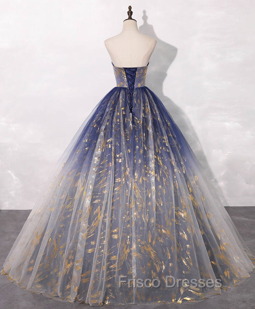 Blue A line Tulle Lace Long Formal Prom Dress, Tulle Formal Blue Graduation Dress