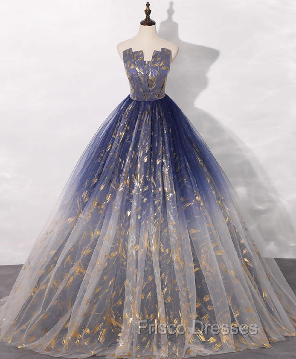 Blue A line Tulle Lace Long Formal Prom Dress, Tulle Formal Blue Graduation Dress Main image