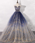 Blue A line Tulle Lace Long Formal Prom Dress, Tulle Formal Blue Graduation Dress