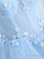 Blue A-Line Tulle Lace Long Prom Dresses, Blue Lace Formal Evening Dresses