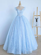 Blue A-Line Tulle Lace Long Prom Dresses, Blue Lace Formal Evening Dresses