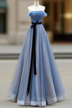 Blue A-Line Tulle Long Party Dress With Belt, Blue Evening Dress Formal Prom Dress