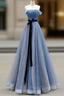 Blue A-Line Tulle Long Party Dress With Belt, Blue Evening Dress Formal Prom Dress