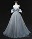 Blue A Line Tulle Long Prom Dress, Blue Tulle Evening Dress with Beading