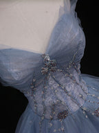 Blue A-Line Tulle Long Prom Dresses, Blue Tulle Formal Graduation Dresses