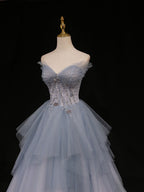 Blue A-Line Tulle Long Prom Dresses, Blue Tulle Formal Graduation Dresses