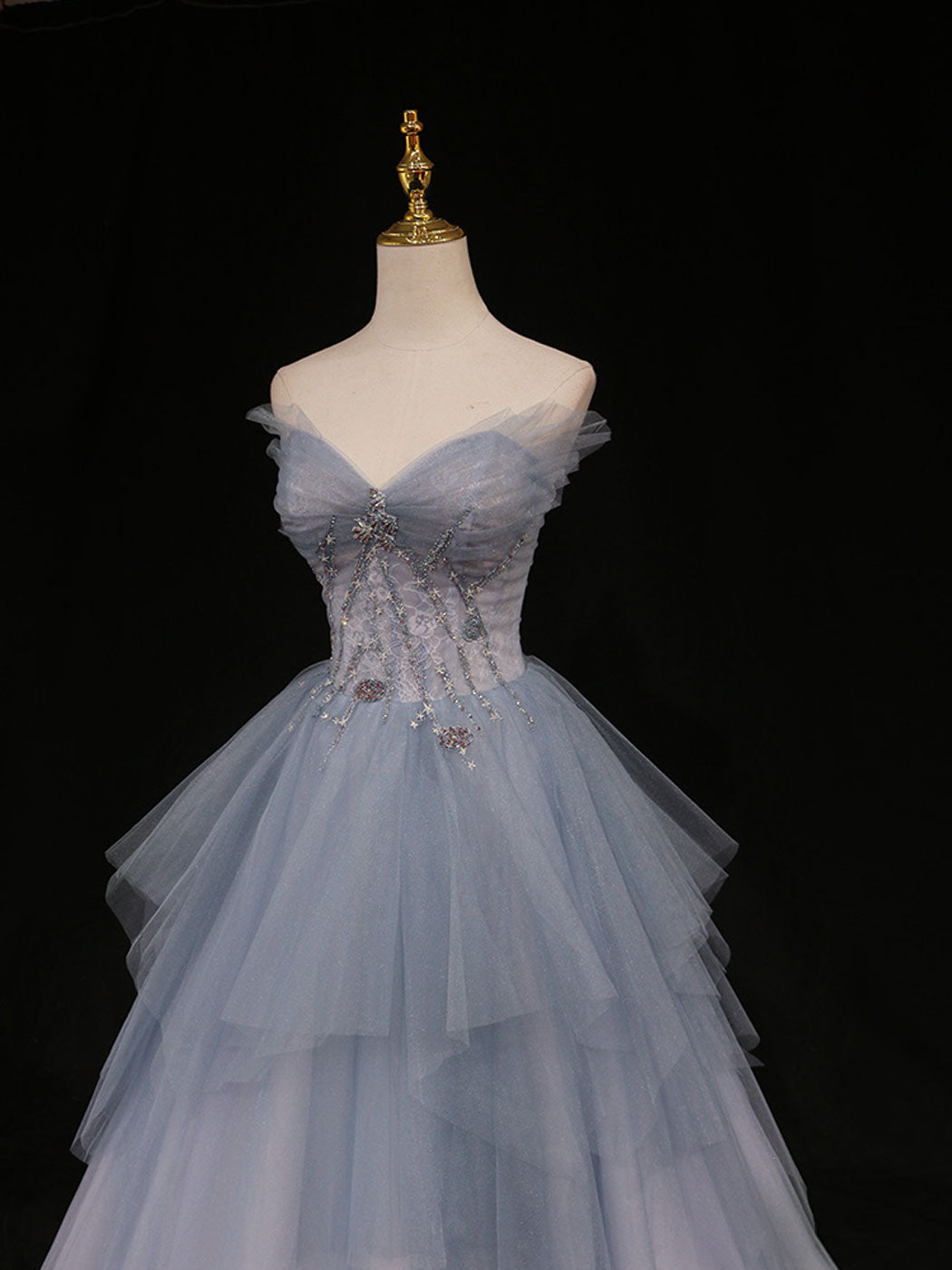 Blue A-Line Tulle Long Prom Dresses, Blue Tulle Formal Graduation Dresses