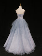 Blue A-Line Tulle Long Prom Dresses, Blue Tulle Formal Graduation Dresses