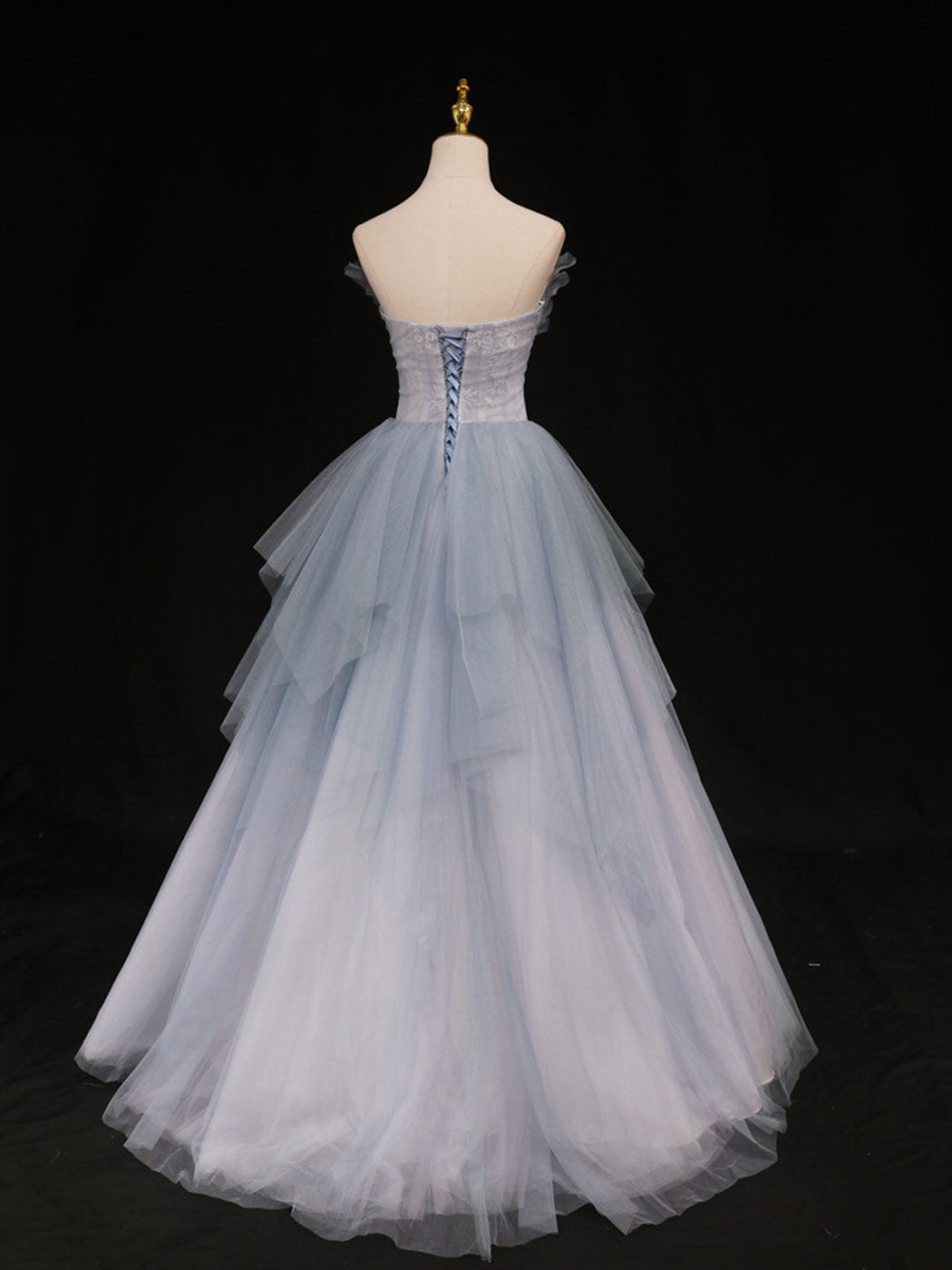 Blue A-Line Tulle Long Prom Dresses, Blue Tulle Formal Graduation Dresses