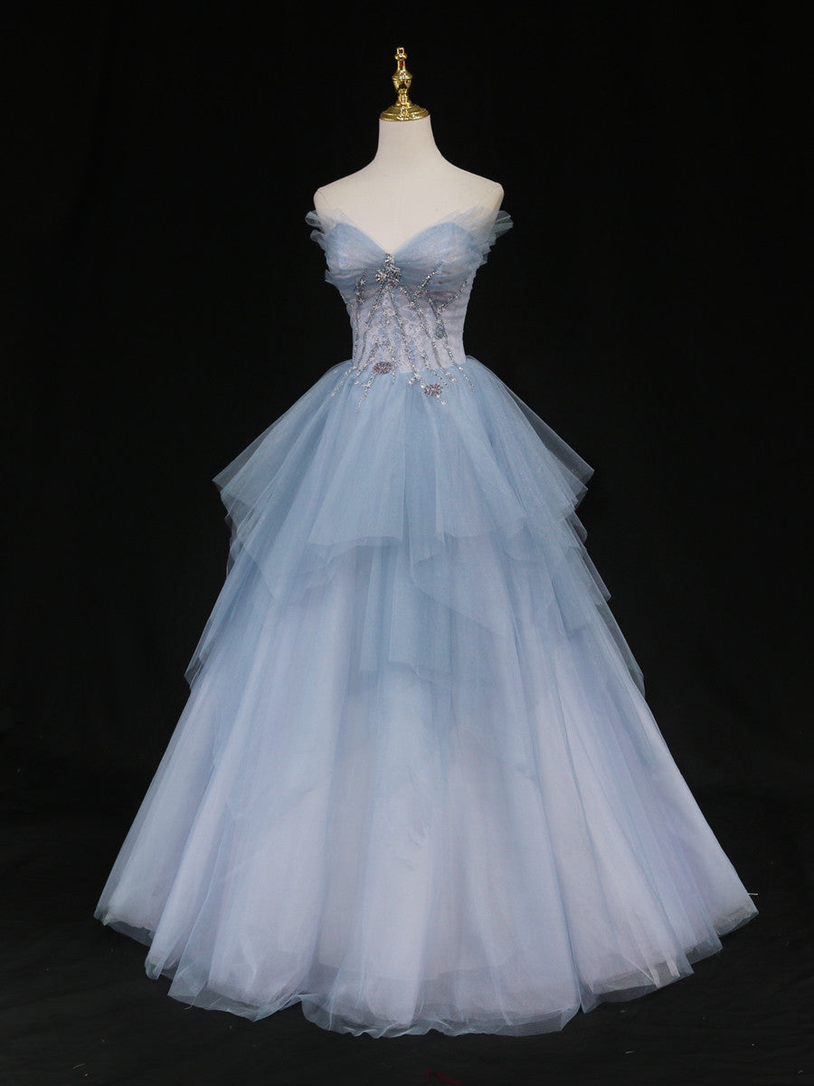 Blue A-Line Tulle Long Prom Dresses, Blue Tulle Formal Graduation Dresses Main image