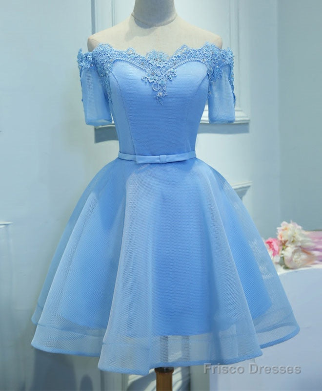 Blue A-Line Tulle Short Sleeve Lace Short Prom Dress, Blue Cute Homecoming Dress