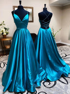 Blue A Line V Neck Backless Satin Long Formal Prom Dress Open Back Formal Graduation Evening Gowns