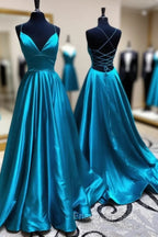 Blue A Line V Neck Backless Satin Long Formal Prom Dress Open Back Formal Graduation Evening Gowns