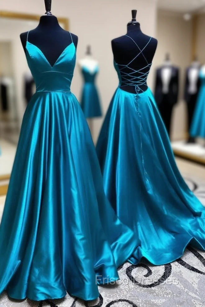 Blue A Line V Neck Backless Satin Long Formal Prom Dress Open Back Formal Graduation Evening Gowns