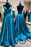 Blue A Line V Neck Backless Satin Long Formal Prom Dress Open Back Formal Graduation Evening Gowns