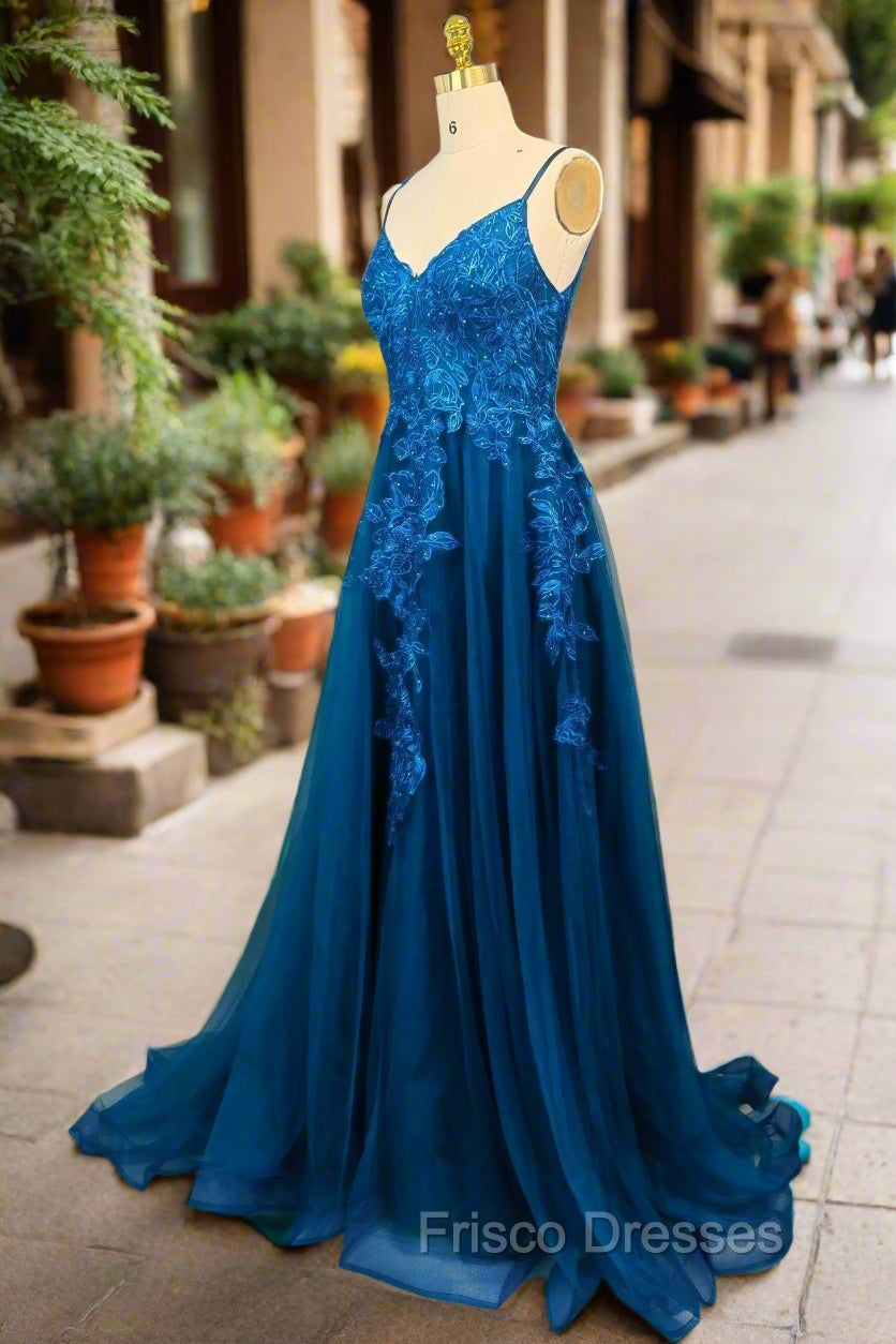Blue A-line V Neck Formal Prom Dress Spaghetti Straps Sweep Train Tulle Evening Dress With Appliqued